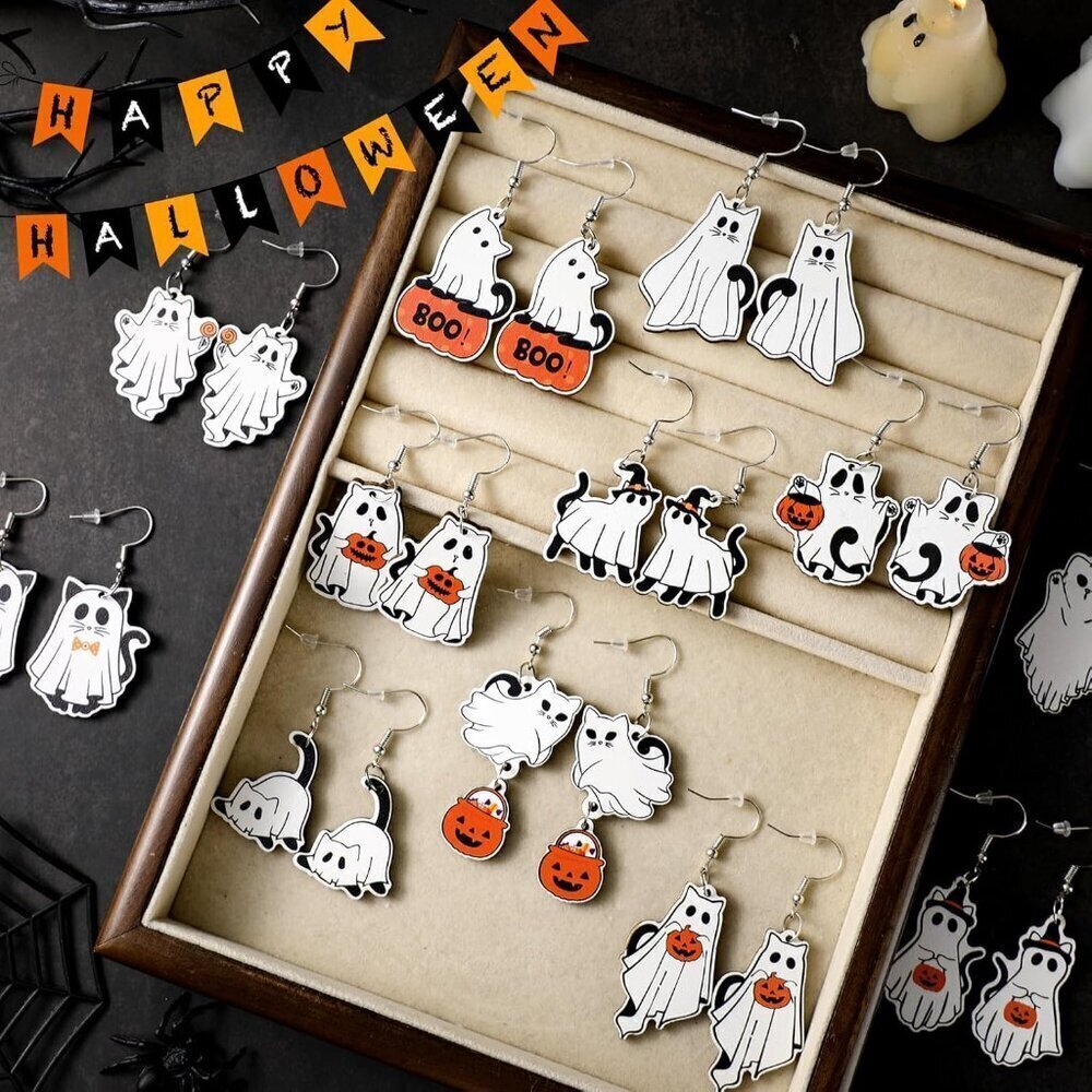 Halloween Earrings Women Ghost Cat Wooden Dangle Jewelry Gift Set 12 Pairs - Picture 3 of 6